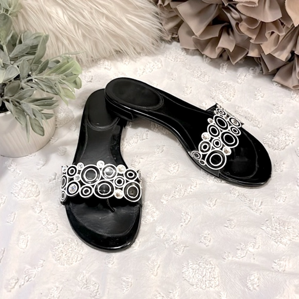 Stuart Weitzman Black Slide Sandals with Silver Circle Embellishments - Picture 14 of 14